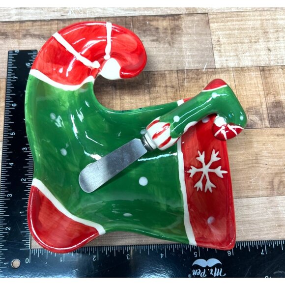 Christmas Elf Boot Shaped Ceramic Serving Dish With Spreader Knife - Picture 4 of 4